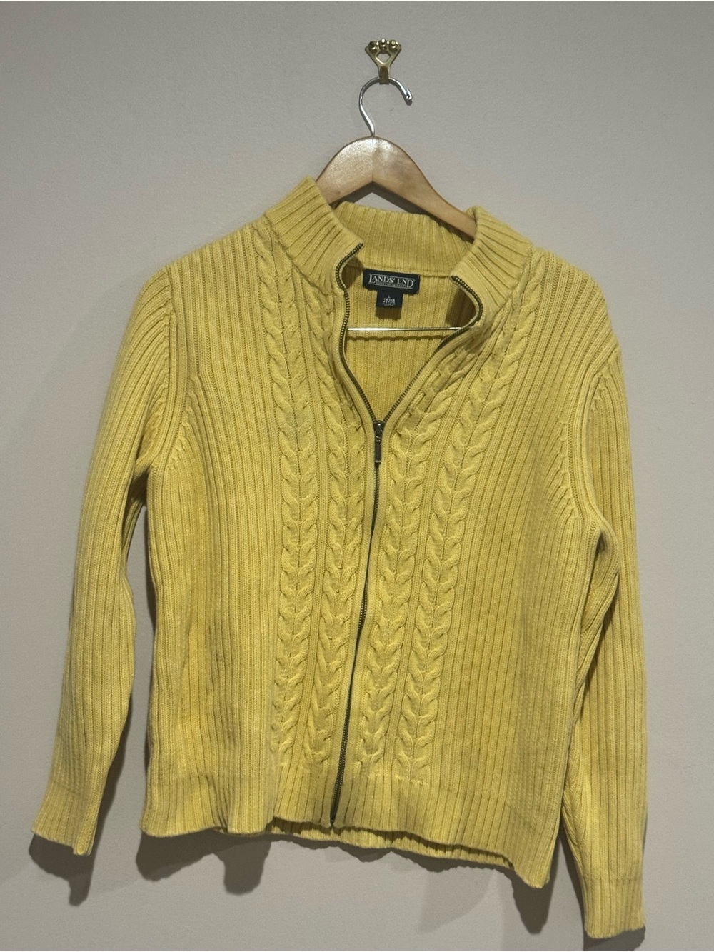 L.L. Bean Women's LG Yellow Full Zip Up Cable Knit 100% Cotton Sweater Cardigan